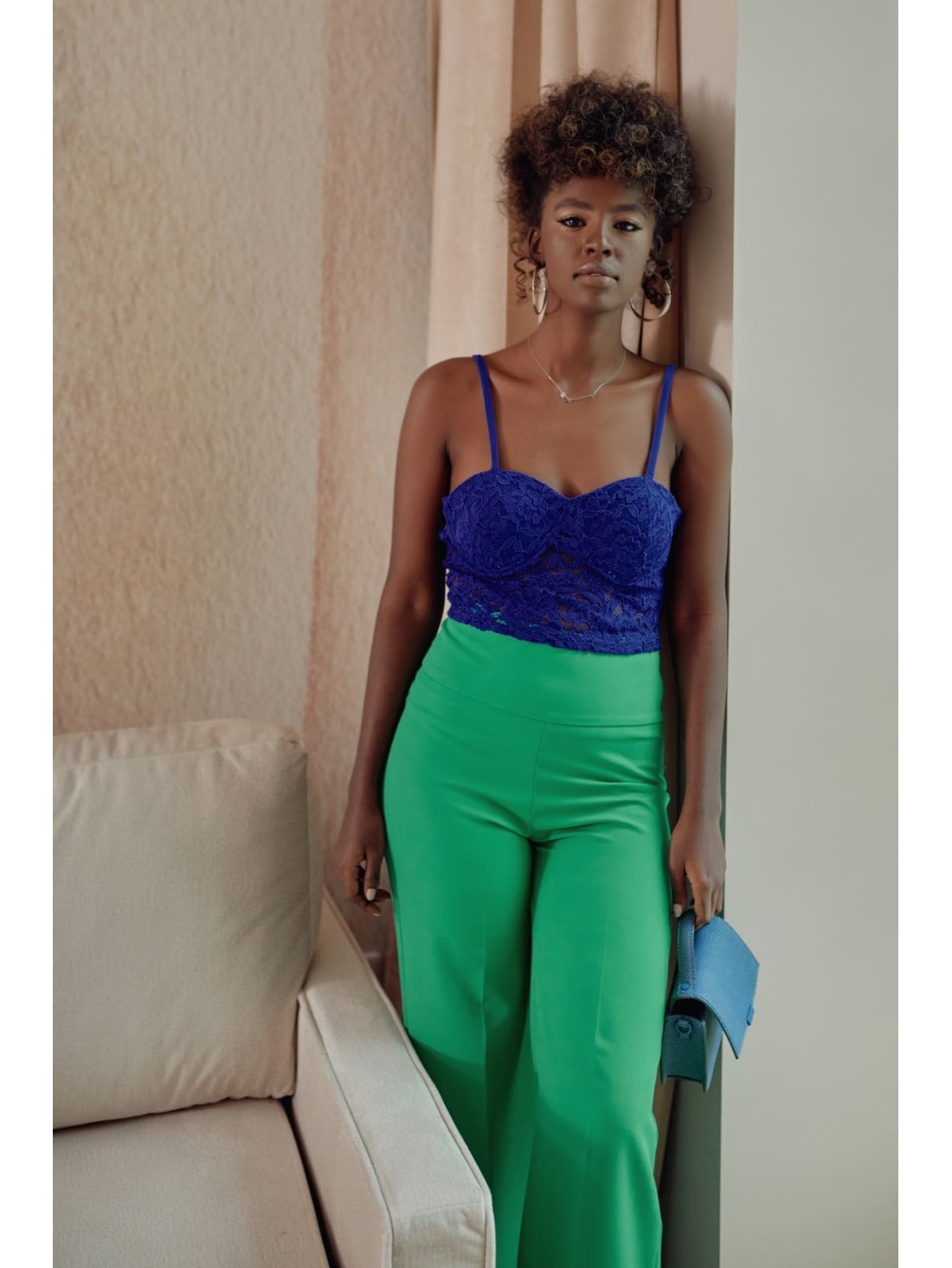 Pantaloni lati de dama cu sita, verde 50080 - Magazin online - Boutique